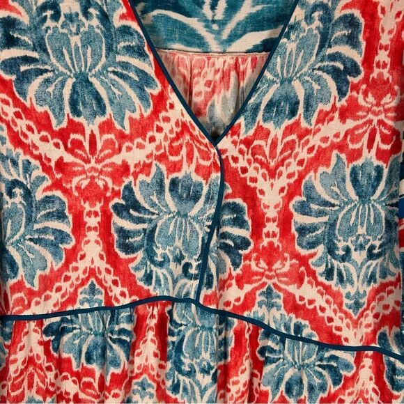 Figueroa & Flower Puff Sleeve Bohemian Maxi Ruffle Hem Coral Turquoise Dress L - Picture 3 of 11